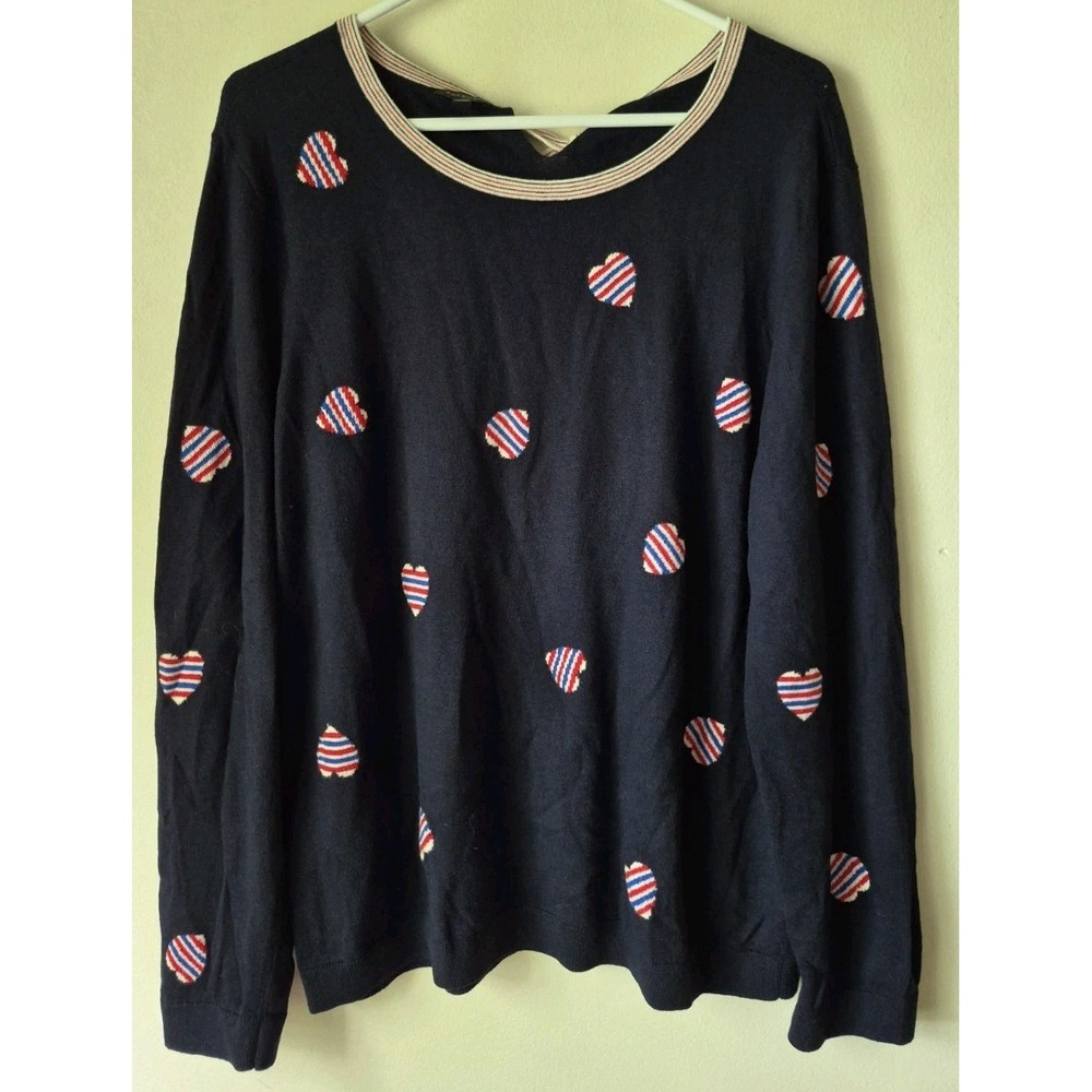 Talbots Women's Navy Blue Heart Print Tie Back Long Sleeve Pullover Sweater XL